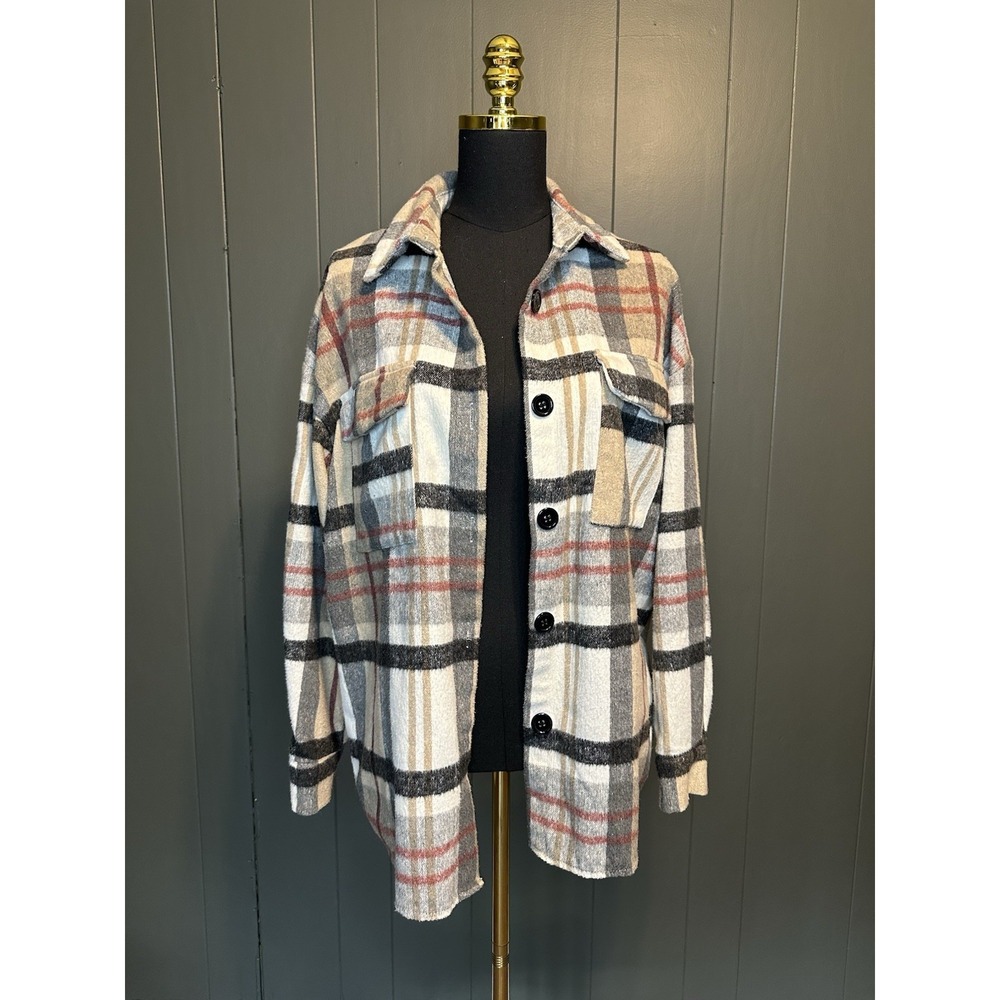SHEIN Brown Beige Plaid Flannel Shacket Oversized M Medium